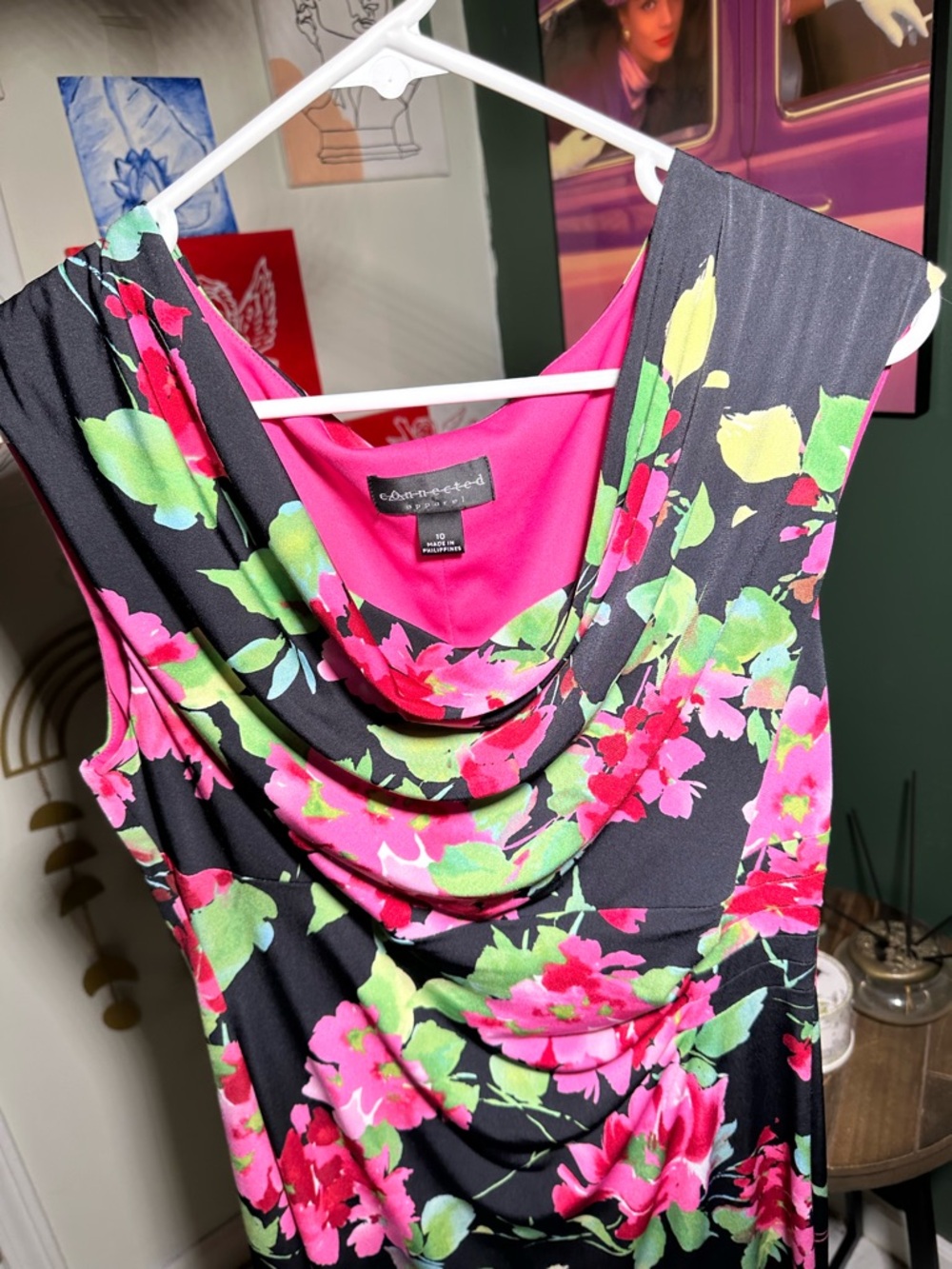 connected apparel Black Floral Cowl Neck Midi Dress with Pink and Green Blooms